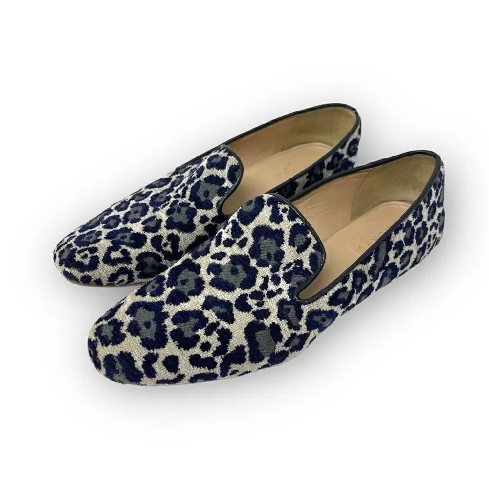 J. Crew Leopard Animal Print Blue Cream Slip On Loafers Women’s Size 7 Flawed